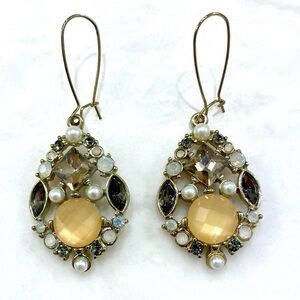Gold-Tone Beige Faceted Gem and Pearl Drop Earrings